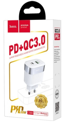  Сетевое зар. устр. Hoco C58A 1USB+1C QC3.0 3A белое