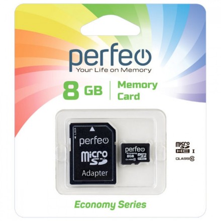  micro SDHC карта памяти Perfeo 8GB Class 10 High-Capacity Economy series (с адаптером SD)