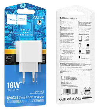  Сетевое зар. устр. Hoco CS12A 1USB 18W белое