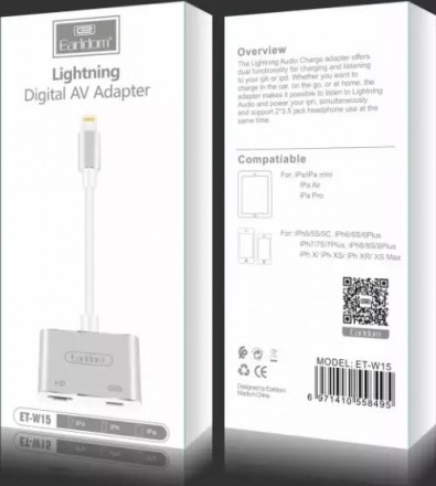  Кабель-переходник Earldom ET-W15 Lightning (папа) на HDMI (мама)/USB-C (мама) серый