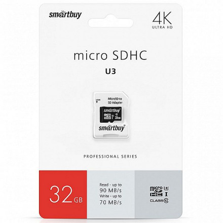 micro SDHC карта памяти Smartbuy 32GB Class 10 PRO U3 R/W:95/60 MB/s (с адаптером SD)