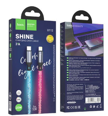  Usb Кабель-зарядка Type-C на Lightning Hoco U112 3A 20W 1м LED черный