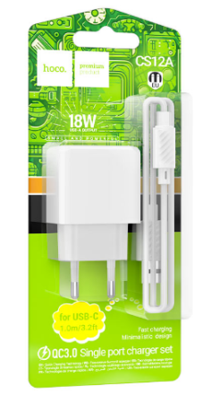  Сетевое зар. устр. Hoco CS12A с шнуром Type-C 1USB белое