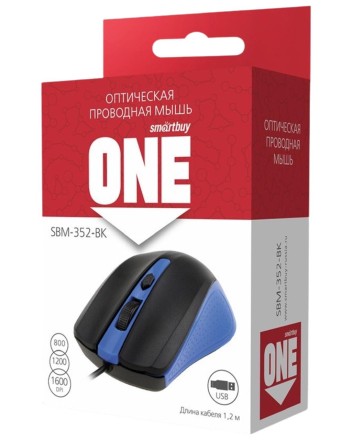  Мышь проводная Smartbuy ONE 352 USB/DPI 800-1200-1600/4 кнопки/1.24м (SBM-352-BK) сине-черная