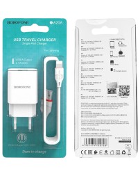 Сетевое зар. устр. Borofone BA20A с шнуром Lightning 1USB 2.1A белое