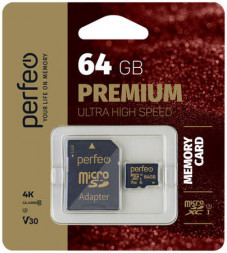 micro SDXC карта памяти Perfeo 64GB Premium Class 10 UHS-1 (с адаптером SD)
