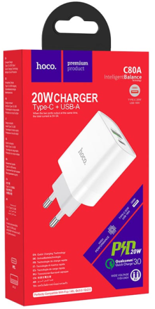  Сетевое зар. устр. Hoco C80A 1USB/1С PD/QC3.0 3A 20W белое