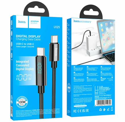  Usb Кабель-зарядка Type-C на Type-C с дисплеем Hoco U125 100W 1.2м черный
