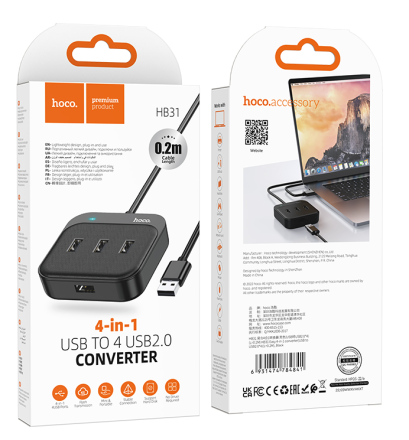  Кабель-переходник Hoco HB31 USB на 4USB 2.0 0.2м черный