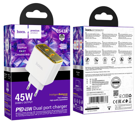  Сетевое зар. устр. Hoco CS43A 2C 45W белое