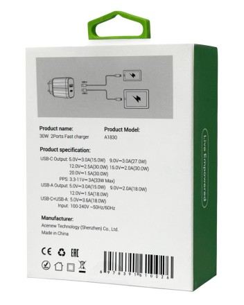  Сетевое зар. устр. Acenew A1830 1USB/1C 30W белое