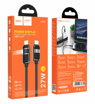  Usb Кабель-зарядка Type-C на Lightning Hoco U137 с дисплеем 3A 1.2м черный