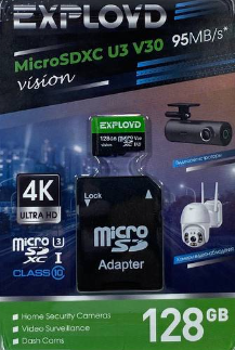  micro SDHC карта памяти Exployd 128GB Class10 U3 V30 95MB/s с адаптером