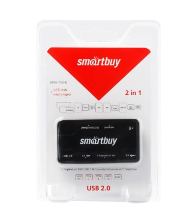  Картридер + хаб Smartbuy 750 3USB/MicroSD/SD/MS/M2 (SBRH-750-K) черный