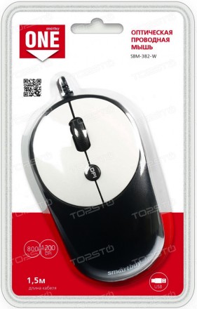  Мышь проводная Smartbuy ONE 382 USB/DPI 800-1200/4 кнопки/1.5м (SBM-382-W) черно-белая