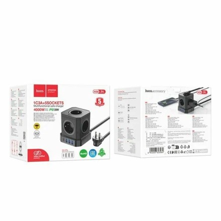  Сетевой фильтр Hoco NS8 5 розеток/3USB/1USB-C 2м черный