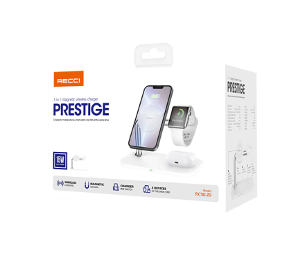  Беспроводное зарядное устройство Recci RCW-20 3в1 для Phone/Watch/Pods 5W/7.5W/10W/15W белое