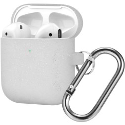 Силиконовый чехол для AirPods с карабином серебристый с блёстками