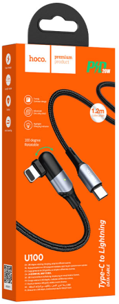  Usb Кабель-зарядка Type-C на Lightning Hoco U100 Orbit 5A 100W 1.5м угловой черный