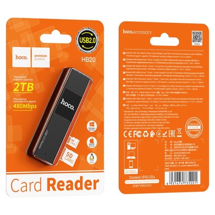  Картридер Hoco HB20 2TB 480Mbps USB2.0 чёрный