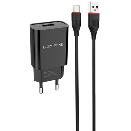  Сетевое зар. устр. Borofone BA20A с шнуром Type-C 1USB 2.1A черное