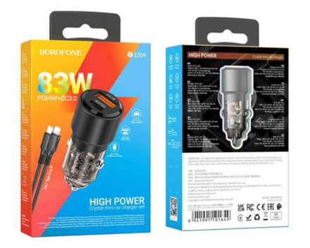  Автомобильное заряд. устр. Borofone BZ20A 1USB/1USB-C с кабелем T-C-L PD65W+QC3.0 83W черное