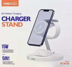 Беспроводное зарядное устройство Recci RCW-26 5в1 для Phone/Watch/Pods 5W/7.5W/10W/15W белое