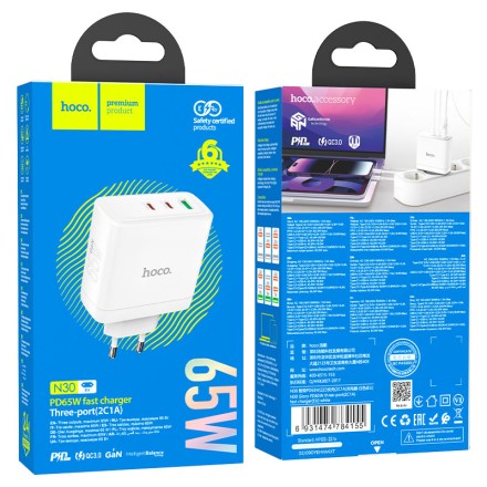  Сетевое зар. устр. Hoco N30 GaN 1USB/2USB-С 65W белое