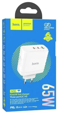  Сетевое зар. устр. Hoco N30 GaN 1USB/2USB-С 65W белое
