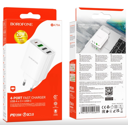  Сетевое зар. устр. Borofone BA79A 3USB/1C PD3.0/QC3.0 3A 20W белое