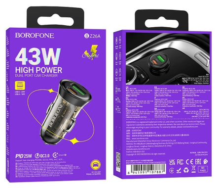  Автомобильное заряд. устр. Borofone BZ26A 1USB/1C 3A черное