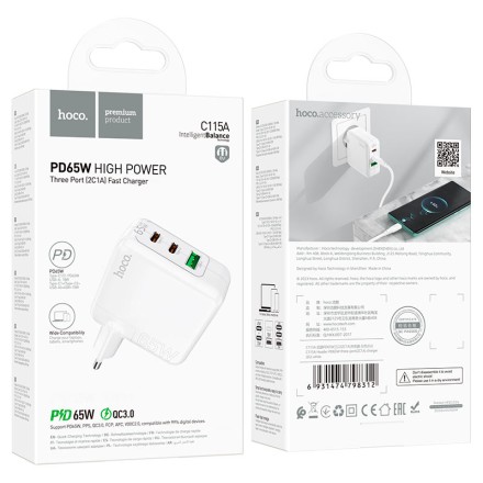  Сетевое зар. устр. Hoco C115A 1USB/2C 65W белое