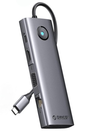  Кабель-переходник Orico PW11-10P Type-C на HDMI/USB3.0x3/USB-C/MicroSD/TF/AUX/VGA/RJ45 серый
