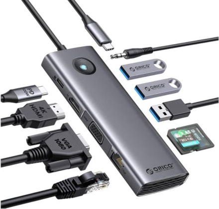  Кабель-переходник Orico PW11-10P Type-C на HDMI/USB3.0x3/USB-C/MicroSD/TF/AUX/VGA/RJ45 серый