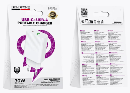  Сетевое зар. устр. Borofone BAS76A 1USB/1C 18W/30W белое