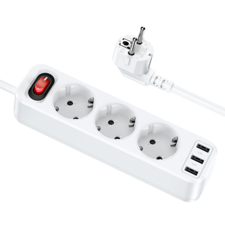  Сетевой фильтр Hoco NS2 3 розетки/3USB 1.8м белый