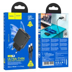 Сетевое зар. устр. Hoco N38 с шнуром Type-C на Type-C 1USB/1С PD3.0/QC3.0 3A 20W черное
