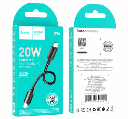  Usb Кабель-зарядка Type-C на Lightning Hoco X96 2.4A 25см черный