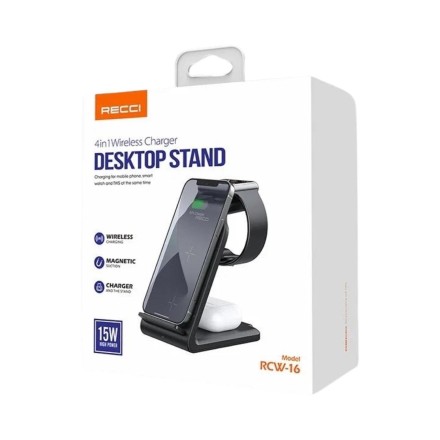  Беспроводное зарядное устройство Recci RCW-16 4в1 для Phone/Watch/Pods 5W/7.5W/10W/15W черное