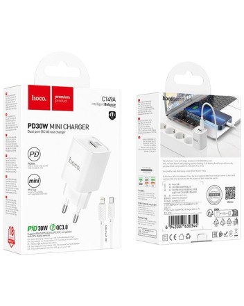  Сетевое зар. устр. Hoco C149A с шнуром Type-C на iP 1USB/1C QC3.0 30W белое