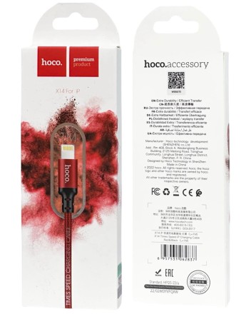  Usb Кабель-зарядка Lightning Hoco X14 Times speed 2A 1м в тканевой оплетке красно-черный