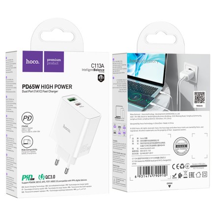  Сетевое зар. устр. Hoco C113A 1USB/1C 65W белое