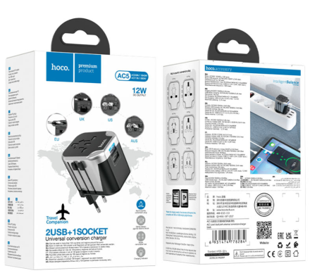  Зарядное устройство для всех стран мира Hoco AC5 Travel Companion, 2USB+1 розетка Черный