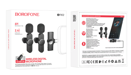  Беспроводной микрофон Borofone BFK12 петличка/Type-C/Lightning черный