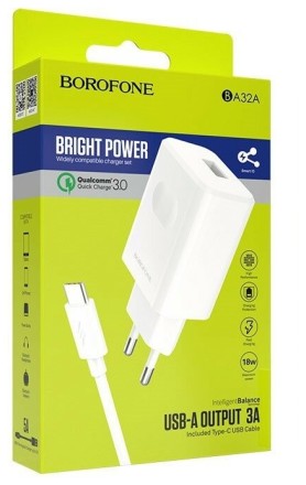  Сетевое зар. устр. Borofone BA32A с шнуром Type-C 1USB 3A белое
