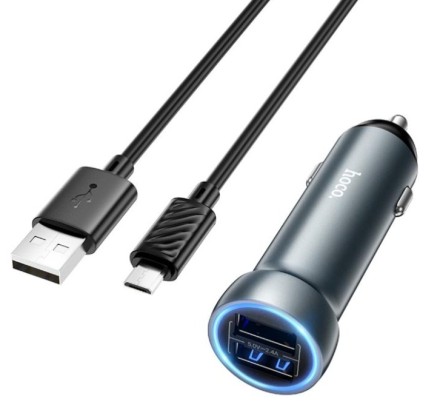  Автомобильное заряд. устр. Hoco Z54 с шнуром Micro 2USB 15W серый
