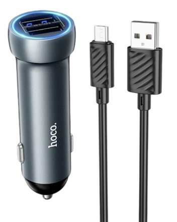  Автомобильное заряд. устр. Hoco Z54 с шнуром Micro 2USB 15W серый