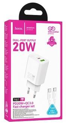  Сетевое зар. устр. Hoco N61 с шнуром Type-C на Type-C 1USB/1C 20W белое