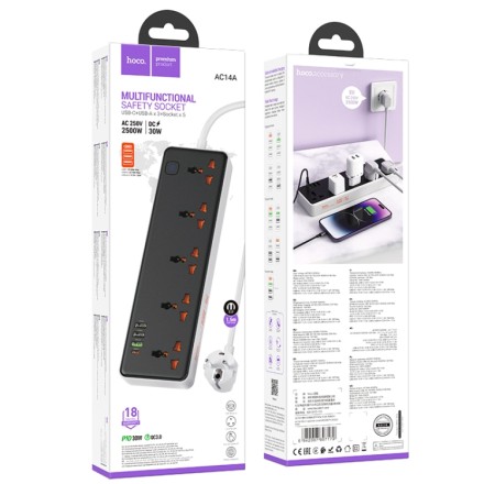  Сетевой фильтр Hoco AC14A 5 розеток/3USB/1USB-C 1.5м черный