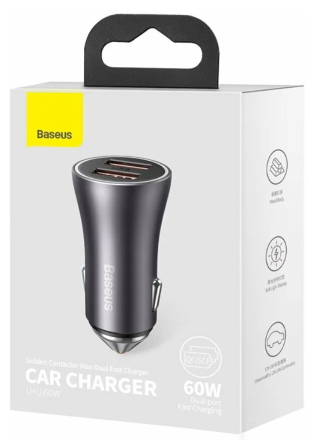  Автомобильное заряд. устр. Baseus Golden Contactor Max Dual Fast Charger 2USB 60W CGJM000013 серое
